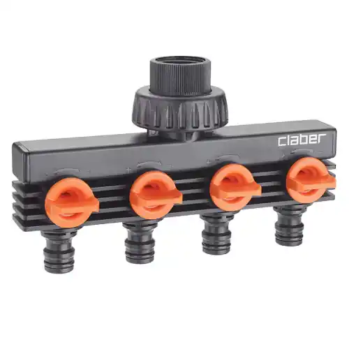 Derivazione a quattro vie Art. 8581 3/4" consente l‘allaccio di quattro linee ad un‘unica presa d‘acqua indipendenti con innesti Shop Nu
