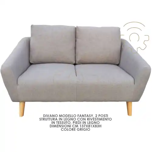 Divano divanetto 2 posti Fantasy colore grigio piedi legno rivestimento tessuto cm 137 x 81 83 h Fabrieksprijs
