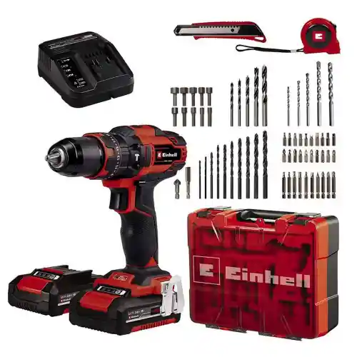 Einhell trapano avvitatore a percussione TE-CD con 2 batterie 18V-2.0Ah caricabatteria e valigetta con 64 accessori Meest Verkocht
