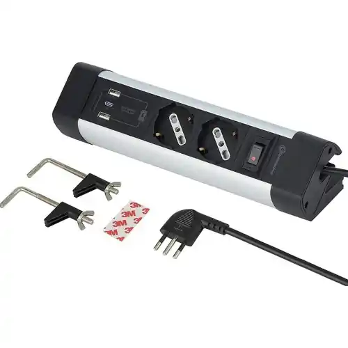Electraline multipresa da scrivania 2 posti polivalenti Schuko + 10/16 A e 3 USB cavo L 2m spina salvaspazio ganci di fissaggio Snelle Levering
