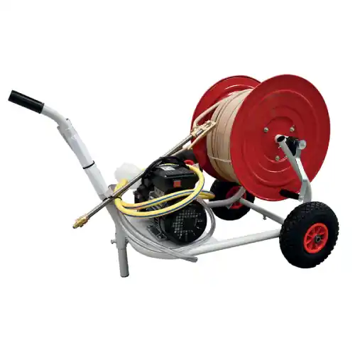 Elettropompa irroratrice 1 HP con carrello avvolgitubo 100 mt tubo e lancia 20 bar 60 cm portata lt./min. 18 Direct Verzonden