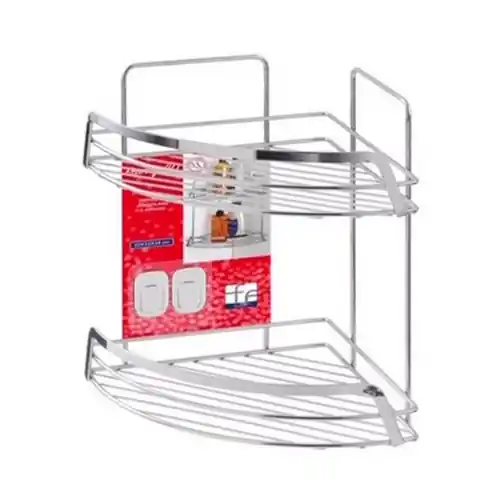 Feridras Francy 2.0 Mensola angolare 2 ripiani cromo lucido a parete con ganci inclusi, griglia porta oggetti accessori bagno Populair