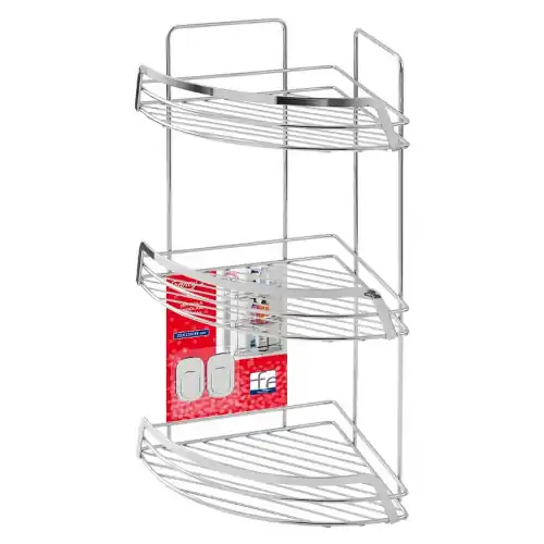 Feridras Francy 2.0 Mensola angolare 3 ripiani cromo lucido a parete con ganci inclusi, griglia porta oggetti accessori bagno Op = Op