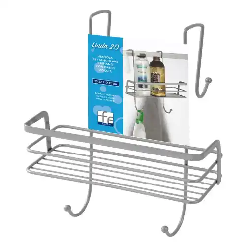Hete Deal Feridras Linda 2.0 Mensola rettangolare 1 ripiano con gancio doccia cromo satinato, griglia porta oggetti accessori bagno senza foratura