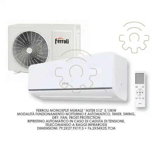 Ferroli monosplit murale Aster S12 5,13kW climatizzatore condizionatore con telecomando 79,2 x 27,9 x 19,5 + 76,2 x 54 x 25,7 cm Premium