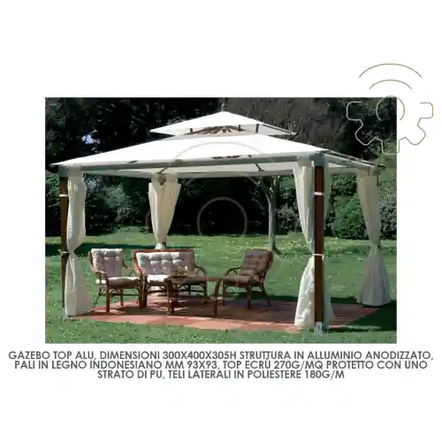 Koop Online Gazebo Top Alu in legno cm 300x400 3x4 mt con airvent e teli laterali Gazebo top Alu cm300x400x305h top ecrù struttura alluminio anodizzato sezione da mm 20x35