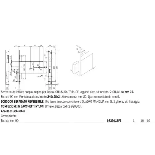 Speciale Aanbieding Iseo art 983.90.1 BFZ serratura chiusura triplice entrata 90mm 4 mandate