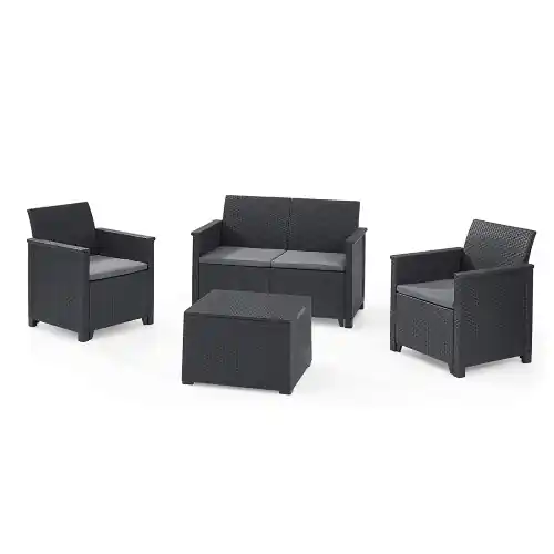 Keter emma lounge set salotto da giardino effetto rattan composto da divano due poltrone con cuscini e un tavolino Meest Verkocht