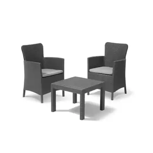 Keter salvador balcony set salotto da giardino effetto rattan composto da due poltrone con cuscini e un tavolino Snelle Levering