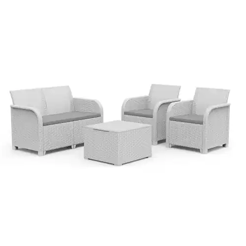 Keter set salotto Rosalie Lounge bianco da giardino in polipropilene effetto rattan con tavolo due poltrone e un divano con cuscini da esterno Tijdelijk Beschikbaar
