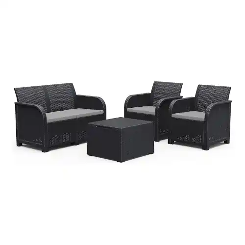 Weekendaanbieding Keter set salotto Rosalie Lounge da giardino in polipropilene grafite composto da due poltrone con cuscini un tavolino e 1 divano a 2 posti da esterno e interno