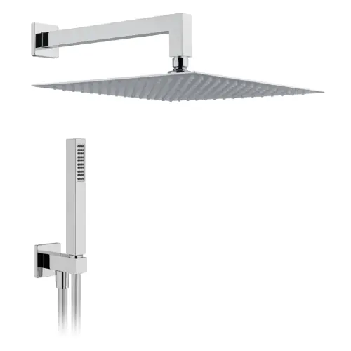 Gereduceerde Prijs Kit soffione doccia quadro in acciaio inox e braccio doccia quadro minimale in ottone 350 mm con doccetta attacco 1/2 M cromato