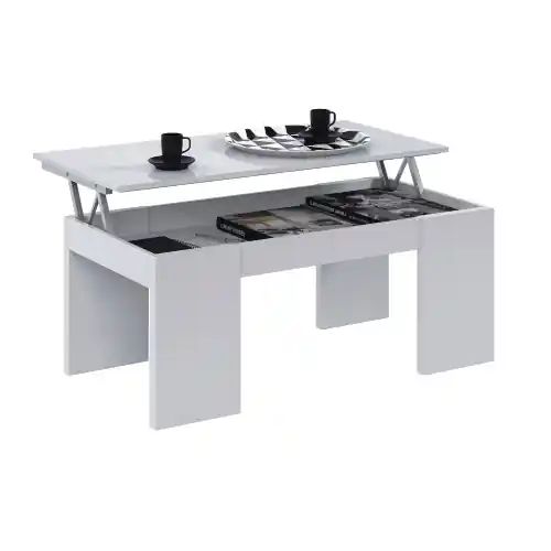 Kit tavolo caffè con piano elevabile in truciolare melaminico e spazio contenitore cm 50 x100 x43/54h bianco lucido Laatste Kans