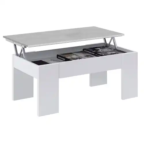 Kit tavolo caffè con piano elevabile in truciolare melaminico e spazio contenitore cm 50 x100 x45/56h bianco/cemento Seizoensaanbieding