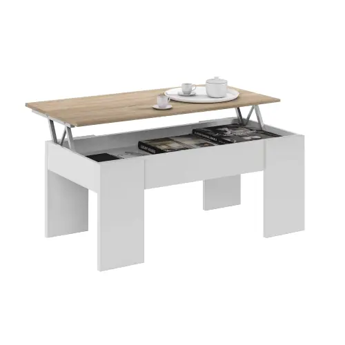 Lage Prijs Kit tavolo caffè con piano elevabile in truciolare melaminico e spazio contenitore cm 50 x100 x45/56h rovere/bianco