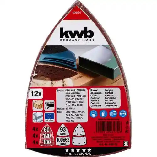 Kwb confezione 12 fogli abrasivi leviganti a triangolo 110x62-93 mm per legno e metallo per levigatrice Direct Beschikbaar