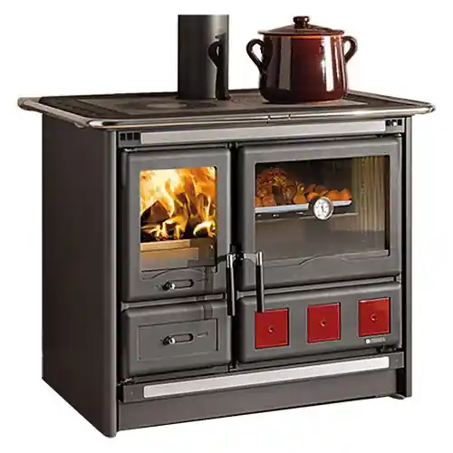 Favoriet La Nordica Extraflame cucina stufa a legna Rosa XXL 8,5 kW 244 m³ in acciaio porcellanato nero antracite con inserti bordeaux