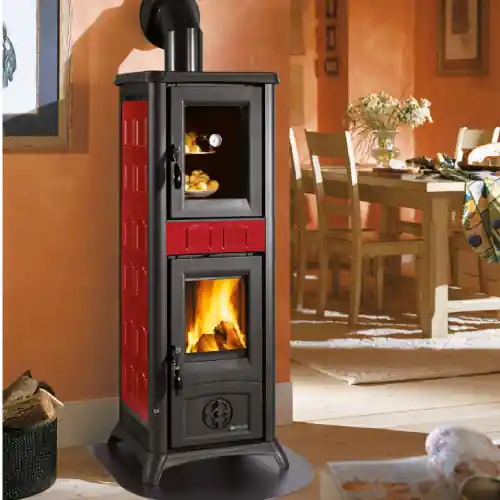 Bestseller La Nordica Extraflame stufa a legna Gemma forno con forno rivestimento in maiolica bordeaux 7,2 kw 206 m³ riscaldabili