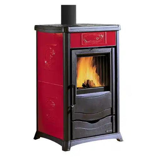 Merkproduct La Nordica Extraflame stufa a legna Rossella Plus con rivestimento esterno in maiolica colore liberty bordeaux 8 kw 229 m³ riscaldabili