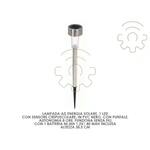Lampada ad energia solare 1 led h 38,5cm con sensore crepuscolare autonomia 8 ore 1 batteria Ni-Mh 1,2/40 Mah esterno giardino piscina Superprijs