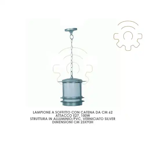 Gratis Retour Lampione lampada a soffitto con catena da 62cm E27 100W silver alluminio pvc da esterno