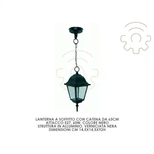 Lanterna a soffitto con catena da 65cm E27 60W cm14,5x14,5x92h struttura in alluminio nero esterno Laatste Versie