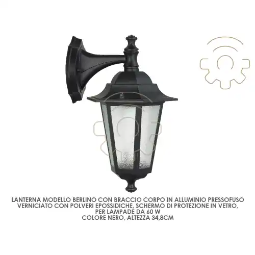 Superprijs Lanterna Berlino con braccio 60W alluminio nero con vetro lampada giardino
