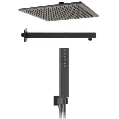 Metaform Seven Kit soffione doccia quadrato in ottone e acciaio inox Aisi 304 nero opaco con braccio doccia doccetta e presa d‘acqua Merkproduct