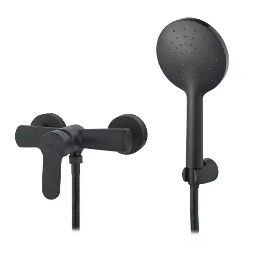 Merkproduct Miscelatore monocomando esterno doccia serie Paco con doccetta supporto e flessibile doccia in ottone nero opaco rubinetteria