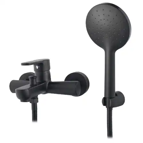 Direct Beschikbaar Miscelatore monocomando esterno vasca serie Paco con deviatore automatico completo di doccetta flessibile e gancio in ottone nero opaco