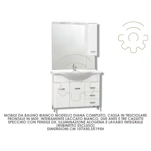 Nu Kopen Mobile bagno modello Diana colore bianco completo di lavabo specchio 2 ante 3 cassetti cm 107 x 50,3 x 195 h
