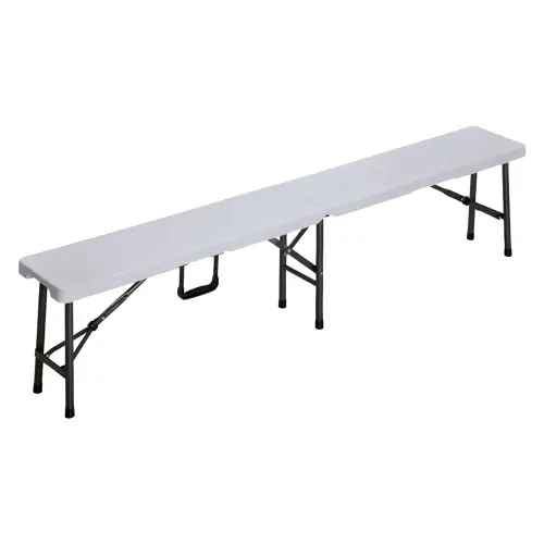 Hete Deal Panca pieghevole Party bianca 180x25x42 cm in acciaio e plastica HDPE per giardini esterno ed eventi dotata di maniglia