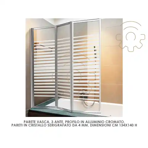 Veilige Betaling Parete vasca 3 ante cristallo 4 mm serigrafato profilo alluminio cromato cm 134 x 140 h