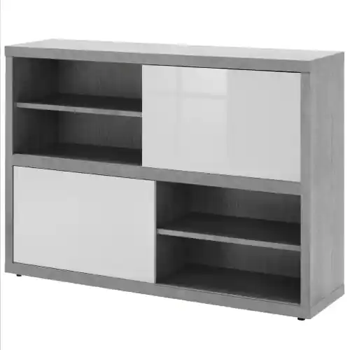 Pratico mobile basso cm35,6x140x87h colore cemento e ante laccato bianco lucido ufficio casa Aanbieding