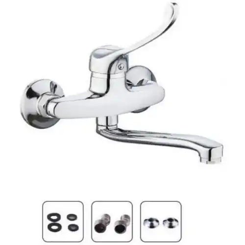 Aanbieding Rubinetto da cucina a parete con leva clinica canna lunga bassa con 2 fori di incasso cromato per lavello lavandino ad 1 o 2 vasche orientabile cromo