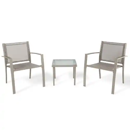 Salottino Havana 3 pz da giardino 2 poltrone e 1 tavolino con vetro temperato struttura in acciaio seduta e schienale in textilene marrone Nieuw