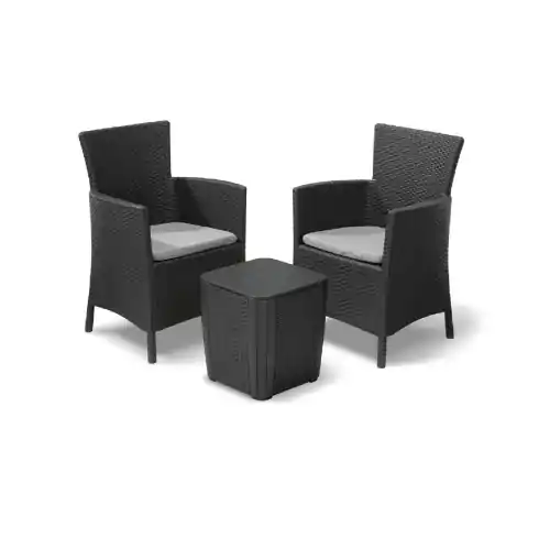 Dagaanbieding Salottino Iowa balcony in resina effetto polirattan due poltrone con cuscini e un tavolino graphite da esterno e interno