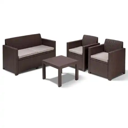 Goedkoop Salotto Alabama in resina effetto polirattan brown composto da divano due poltrone e un tavolino con cuscini da giardino esterno