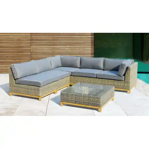 Salotto Bali da giardino in polirattan con telaio in alluminio divano due poltrone con cuscini e un tavolino con vetro Lage Kosten