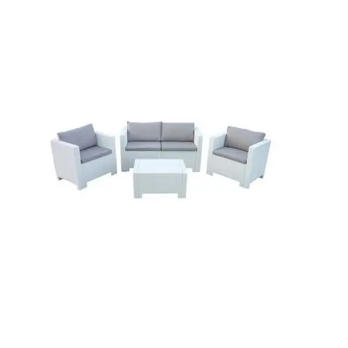 Betaalbaar Salotto Capri in resina effetto polirattan bianco composto da divano due poltrone e un tavolino con cuscini da giardino esterno