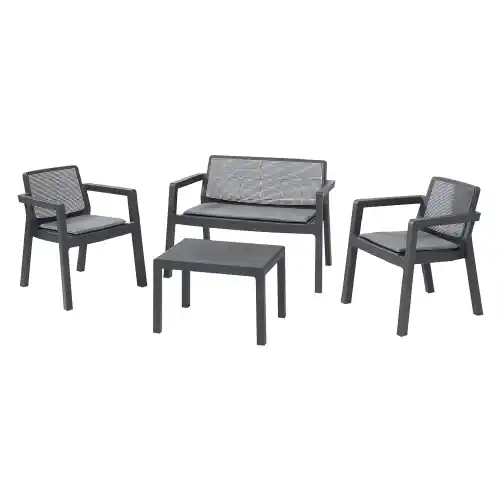 Merkproduct Salotto Emily in resina un divano due poltrone e un tavolino graphite con cuscini da giardino esterno