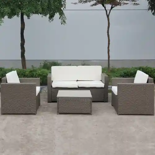Koop Online Salotto Maiorca da giardino in polirattan composto da divano due poltrone con cuscini e un tavolino con vetro