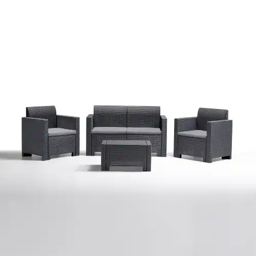 Salotto Nebraska 2 in resina effetto polirattan antracite composto da divano due poltrone con cuscini e un tavolino da giardino esterno Nieuw