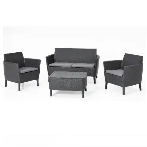 Salotto Salemo graphite in resina effetto polirattan composto da divano due poltrone con cuscini e un tavolino da giardino esterno Merkproduct