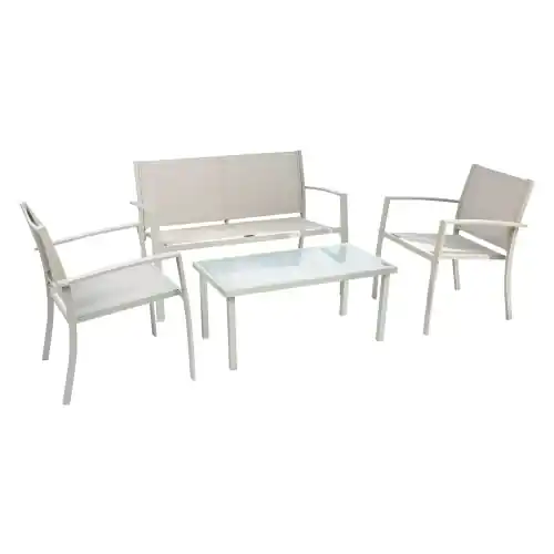 Must-Have Scarlino set salotto da giardino due poltrone un divanetto e un tavolo con vetro in acciaio e textilene marrone da esterno