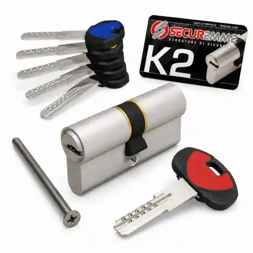Gecertificeerd Securemme cilindro profilato doppio serie K2 profilo europeo a 10 spine anti trapano completo di 1 chiave cantiere e 5 chiavi piatte reversibili in ottone nichelat