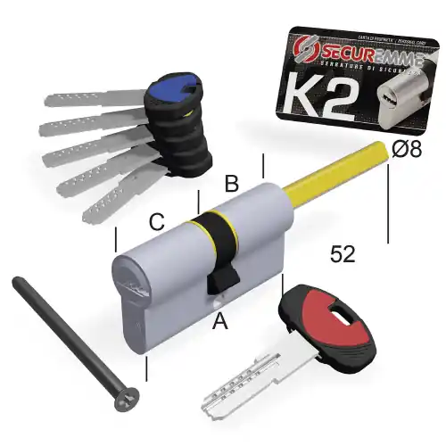 Securemme K2 3200-Q X cilindro 10 perni 65mm codolo30-chiave35 1+5 chiavi (Ottone nichelato satinato - mm 30+35) Beperkte Voorraad