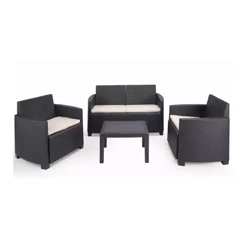 Set salotto arena da giardino effetto rattan antracite composto da divano due poltrone con cuscini e un tavolino Gratis Retour