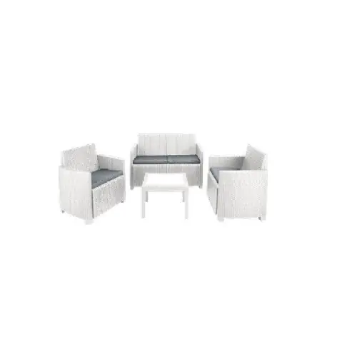 Set salotto arena da giardino effetto rattan bianco composto da divano due poltrone con cuscini e un tavolino Uitverkoop