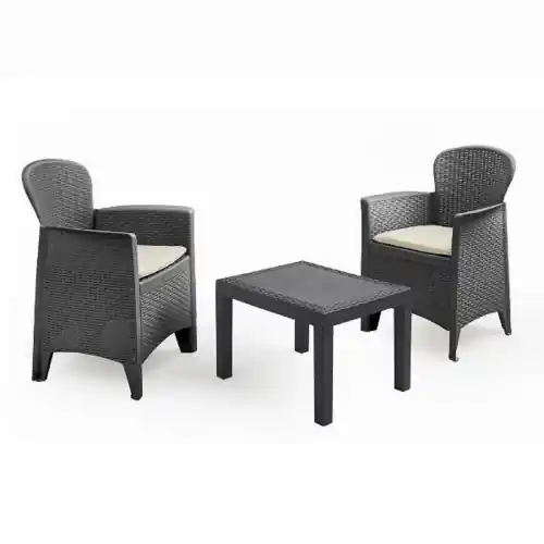 Set salotto da giardino Akita effetto rattan composto da due poltrone con cuscini e un tavolino Aanbieding